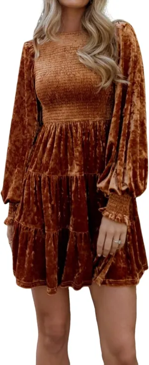 R.Vivimos Women's Fall Winter Crushed Velvet Dress Long Sleeve Crew Neck Elastic Smocked A-Line Tiered Ruffle Mini Dress