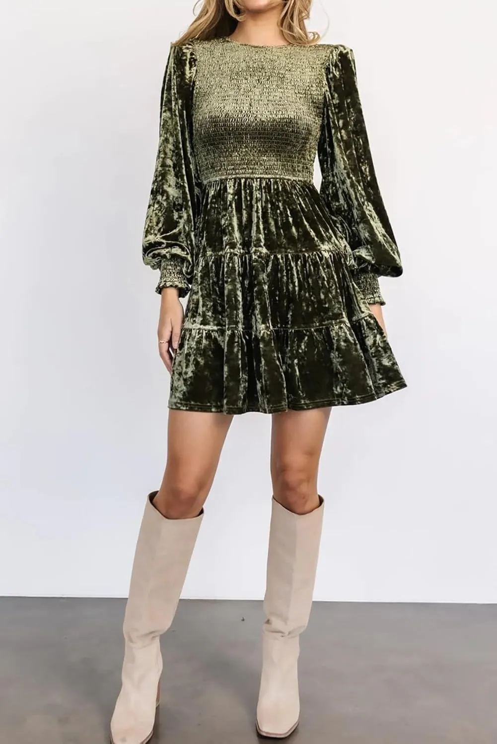 R.Vivimos Women's Fall Winter Crushed Velvet Dress Long Sleeve Crew Neck Elastic Smocked A-Line Tiered Ruffle Mini Dress