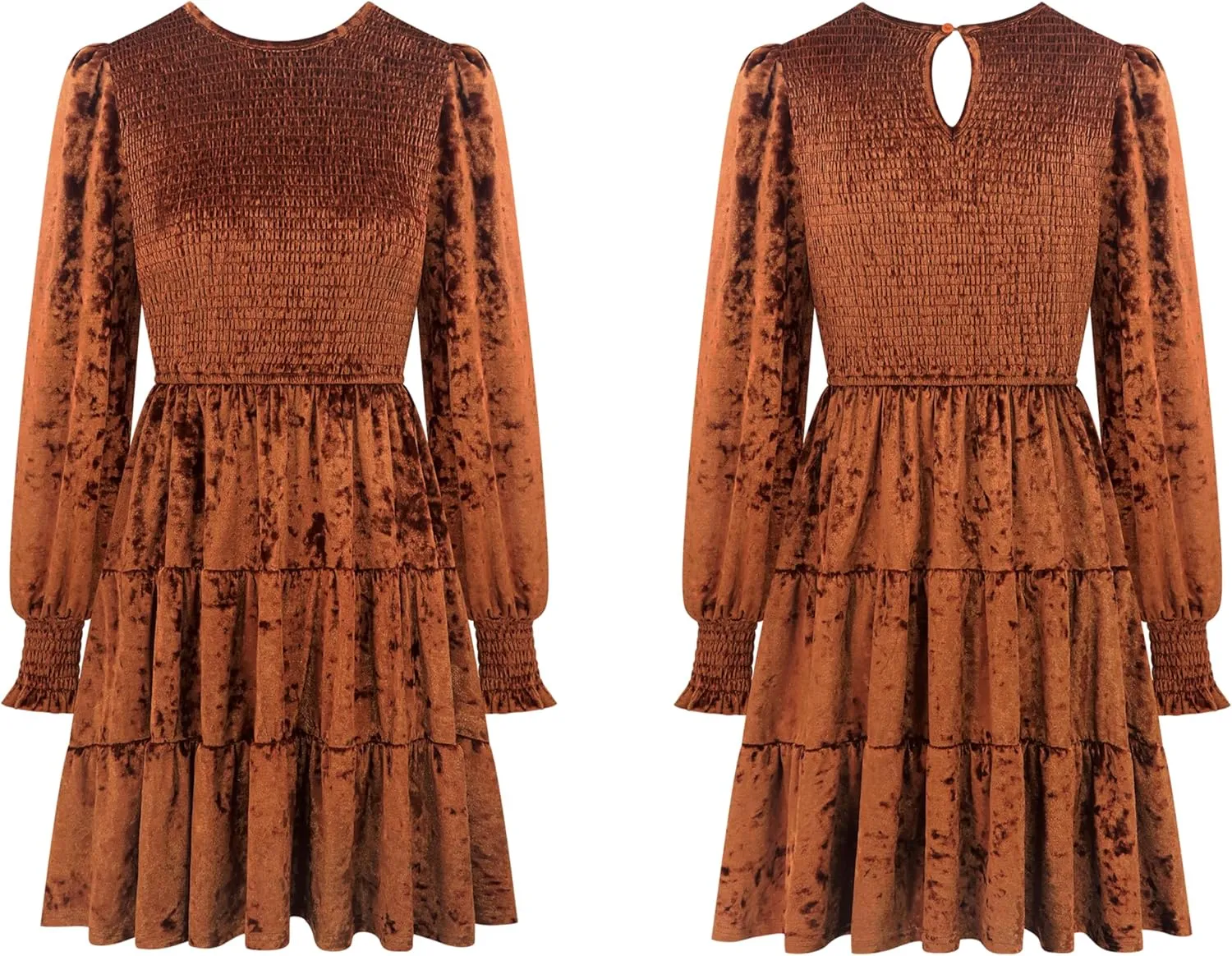 R.Vivimos Women's Fall Winter Crushed Velvet Dress Long Sleeve Crew Neck Elastic Smocked A-Line Tiered Ruffle Mini Dress