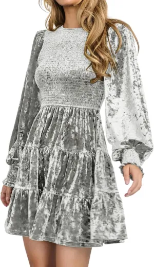 R.Vivimos Women's Fall Winter Crushed Velvet Dress Long Sleeve Crew Neck Elastic Smocked A-Line Tiered Ruffle Mini Dress