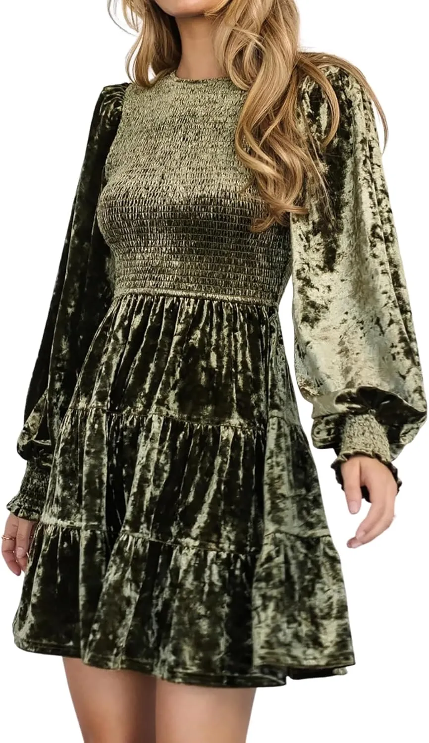 R.Vivimos Women's Fall Winter Crushed Velvet Dress Long Sleeve Crew Neck Elastic Smocked A-Line Tiered Ruffle Mini Dress
