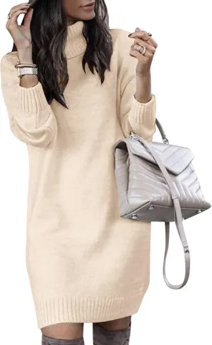 SENFURE Women Turtleneck Sweater Dress Oversized Long Sleeve Knit Pullover Fall Sweater Short Dresses