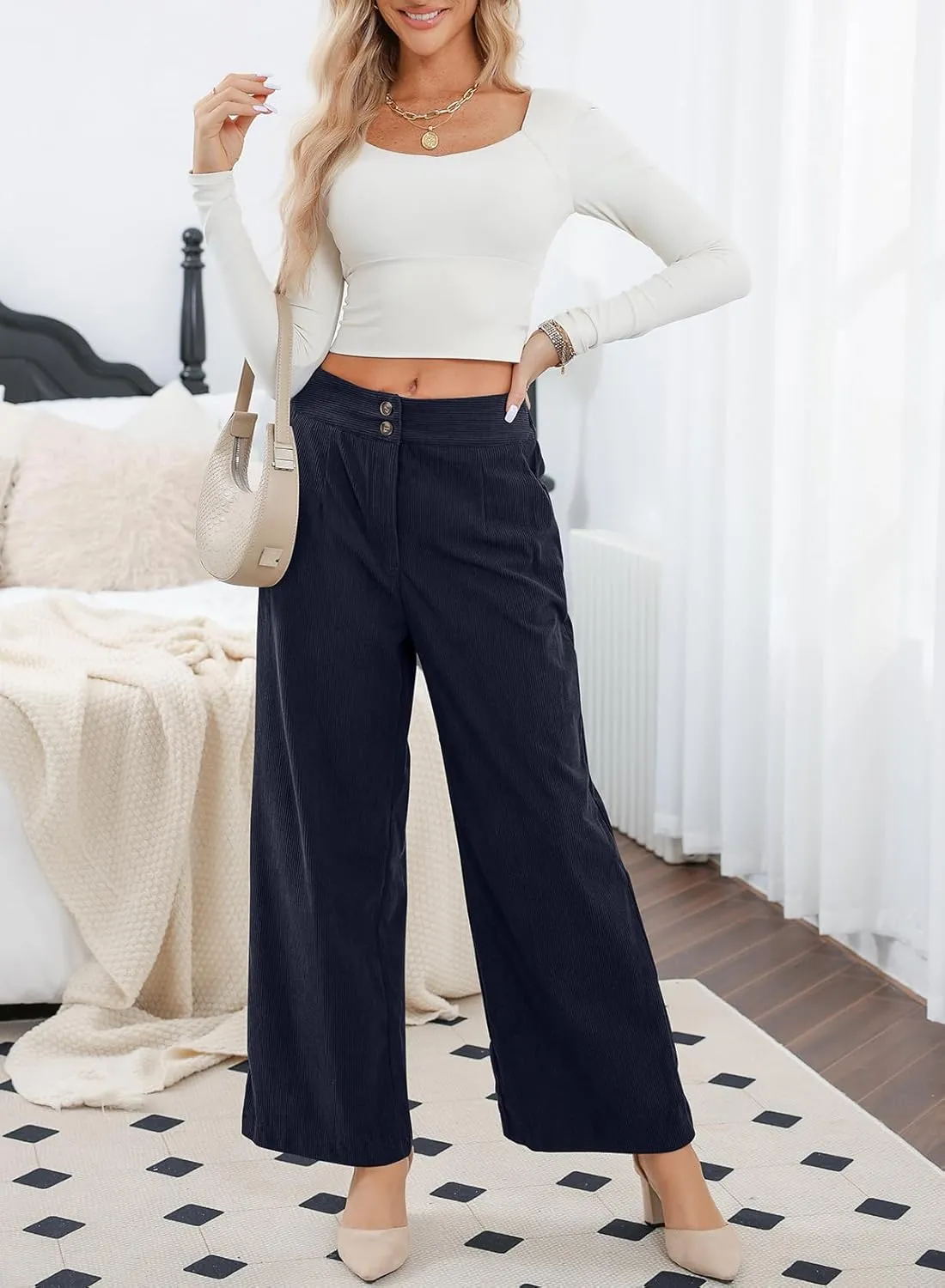 Sidefeel Corduroy Pants for Women 2025 Casual High Waisted Double Buttoned Stretchy Loose Fit Wide Leg Pants with Pockets