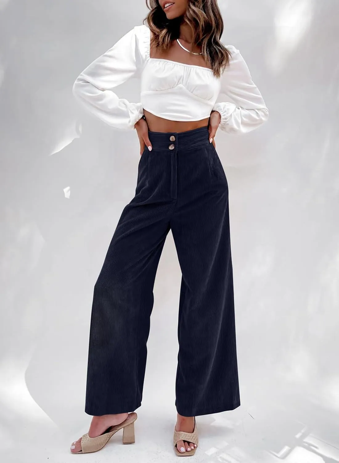 Sidefeel Corduroy Pants for Women 2025 Casual High Waisted Double Buttoned Stretchy Loose Fit Wide Leg Pants with Pockets