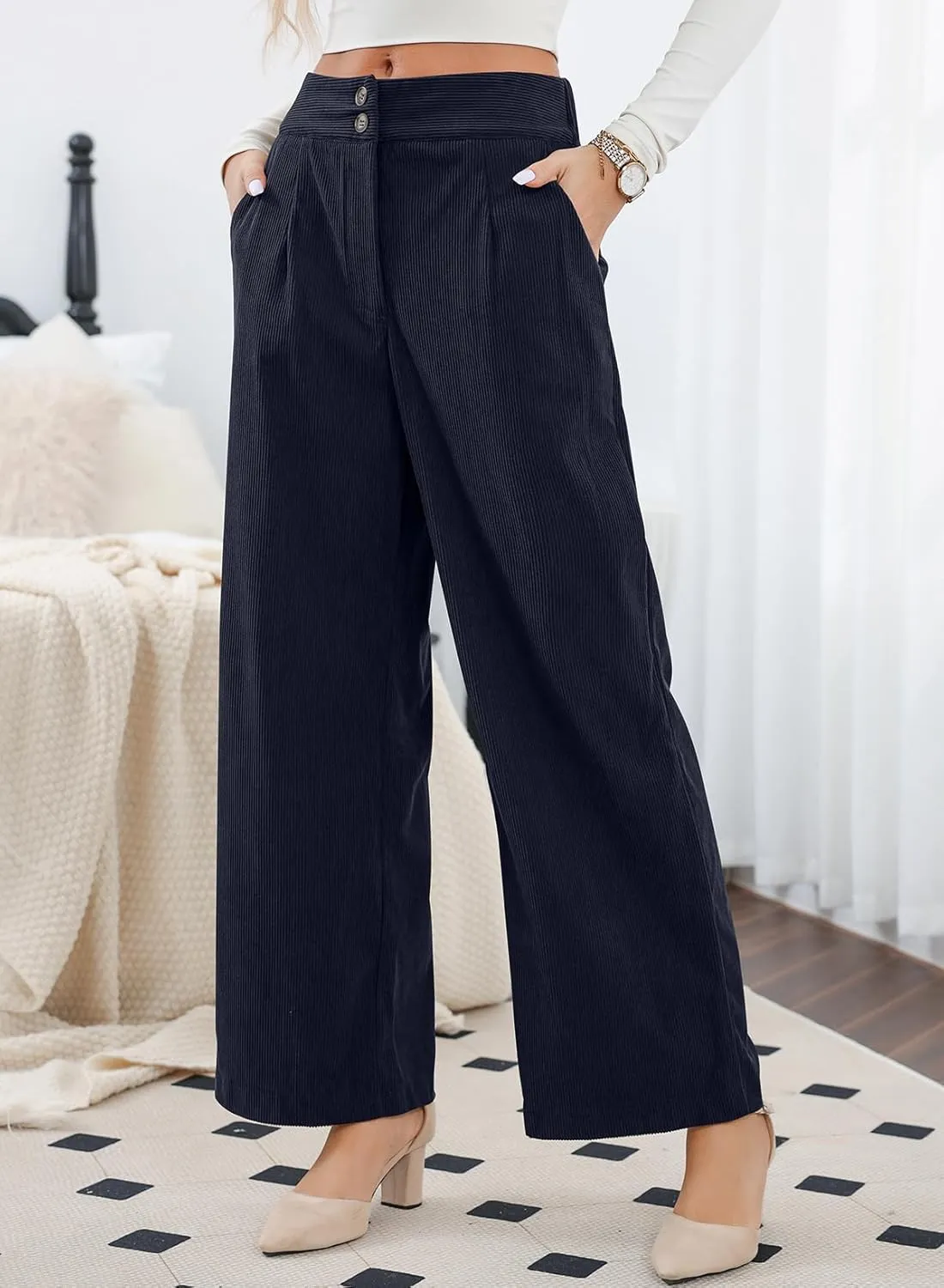 Sidefeel Corduroy Pants for Women 2025 Casual High Waisted Double Buttoned Stretchy Loose Fit Wide Leg Pants with Pockets