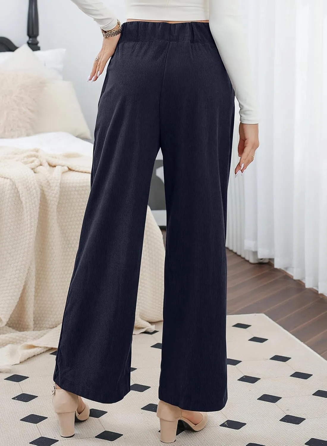 Sidefeel Corduroy Pants for Women 2025 Casual High Waisted Double Buttoned Stretchy Loose Fit Wide Leg Pants with Pockets
