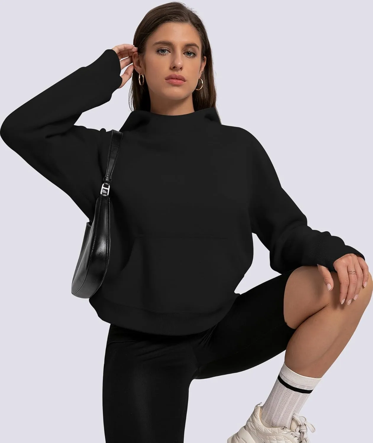 Womens Cropped Hoodies Mock Neck Sweatshirts Fall Fleece Lined Pullover with Thumb Hole 2024 Winter Clothes