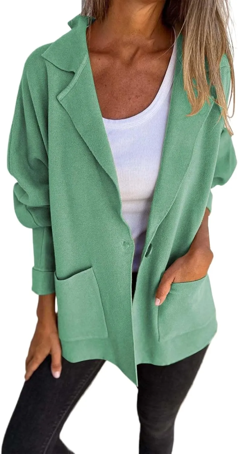 Womens Fall Fashion 2024 Open Front Knit Cardigan Long Sleeve Lapel Coat Casual Solid Classy Sweater Jacket