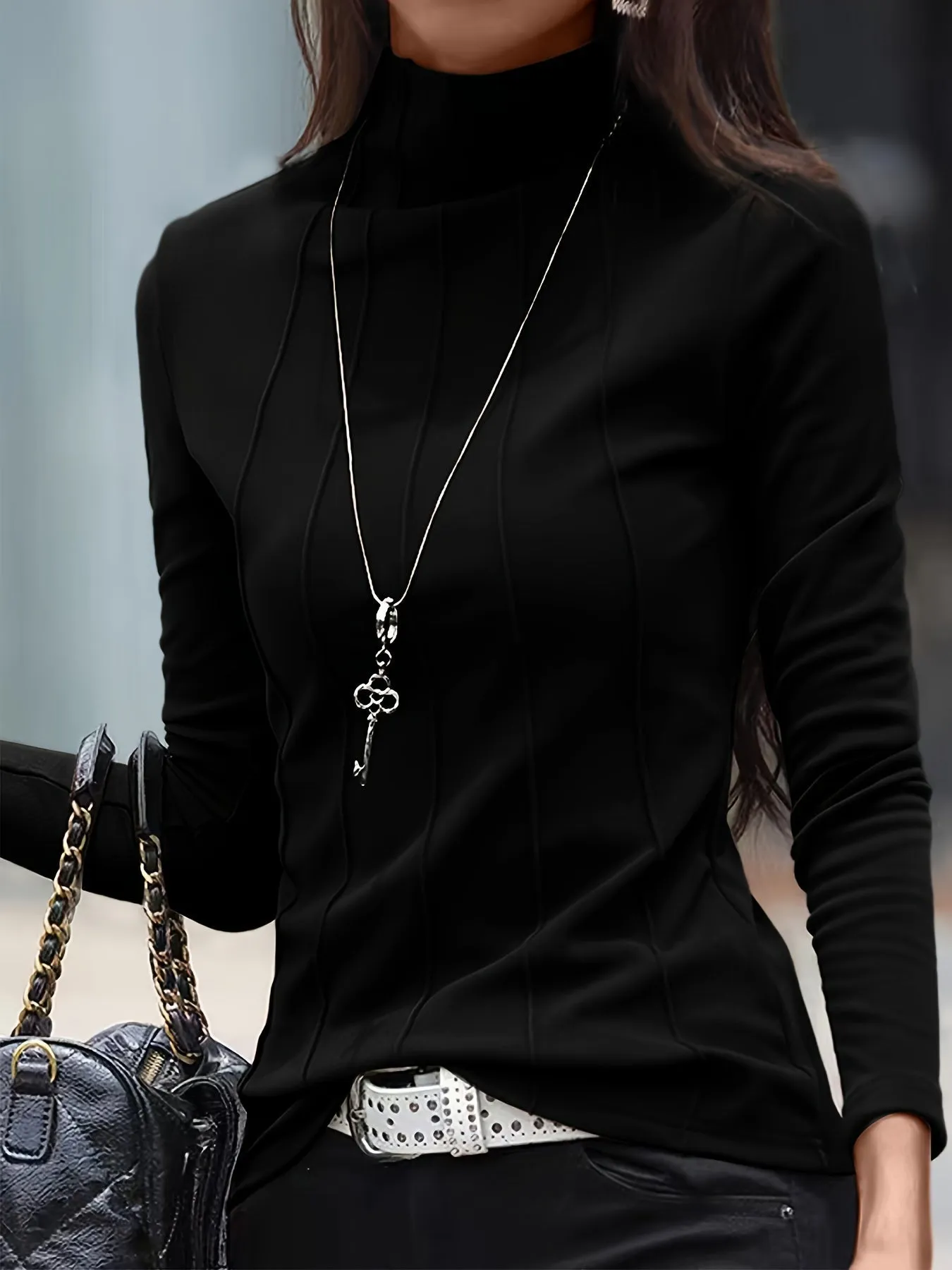 Women's Stylish Solid Colour Turtleneck Slim T-Shirt | Ideal for Autumn/Winter